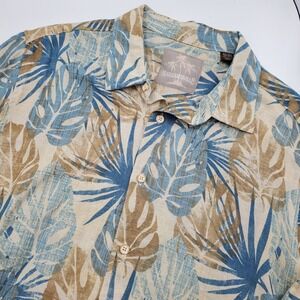 Margaritaville Mens XL Silk Linen Tropical Leaf Print Button Up Shirt Blue Tan